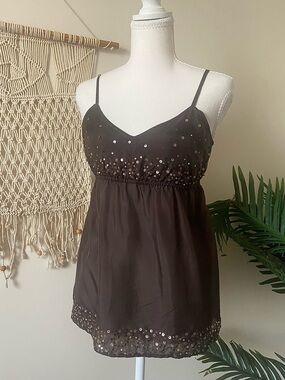 Old Navy Y2K 100% Silk Babydoll Tank Chocolate Brown Sequin Top Medium NWOT